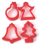 Christmas Cookie Cutters Set Of 4 Red Plastic Bell Angel Snowman Christmas Tree 1980s