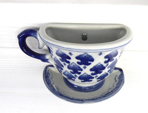 Wall Pocket Planter Teacup Blue And White 1980s China Wall Decor Tea Cup