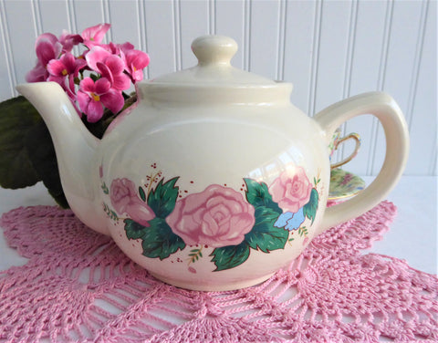 Pink Roses White Brown Betty Type Teapot Large Shiny Glaze 1980s Ceramic