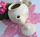 Pink Roses White Brown Betty Type Teapot Large Shiny Glaze 1980s Ceramic