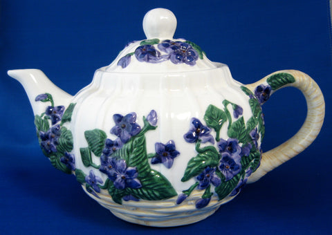 Teapot Raised Violets Ceramic Large Hand Painted Violets In Basket 1980s