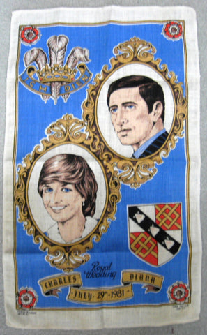 Tea Towel Royal Wedding Charles Diana 1981 Linen Blue Dish Towel