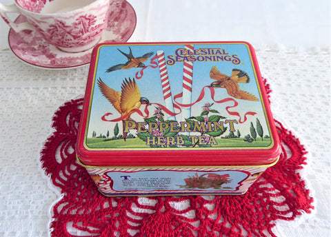 Vintage Peppermint Herb Tea Tin 1985 Celestial Seasonings Tea Storage Red Stripes Birds