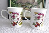 English Village Garden Birds Mug Pair Bone China 1990s Charming Tea Mugs