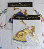 Sequin Angel Appliques Pair Blue Yellow 1990s Hong Kong Christmas Crafts Clothing