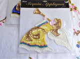 Sequin Angel Appliques Pair Blue Yellow 1990s Hong Kong Christmas Crafts Clothing