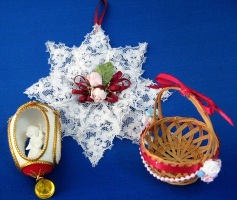 Hand Made Christmas Tree Ornaments 3 Basket Lace Star Angel With Bell 1990s