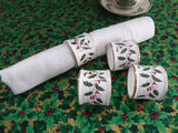 Christmas Holly Napkin Ring Set Of 4 White Ceramic Pretty Red Green And Gold