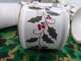 Christmas Holly Napkin Ring Set Of 4 White Ceramic Pretty Red Green And Gold