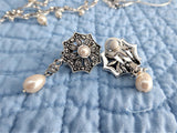 Rhinestone Necklace Bracelet Earrings Set Y Necklace Pearl Drops Leaves Romantic