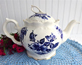 Blue And White Large Teapot English Crown Dorset 1990s Fancy Floral