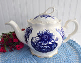 Blue And White Large Teapot English Crown Dorset 1990s Fancy Floral