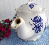 Blue And White Large Teapot English Crown Dorset 1990s Fancy Floral