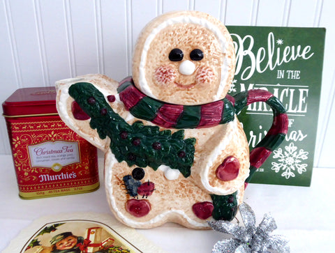 Teapot Christmas Gingerbread Boy Large Hand Painted Holiday Ceramic