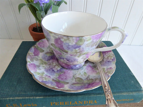 Hydrangea Chintz Cup and Saucer English Bone China 1990s Royale Garden