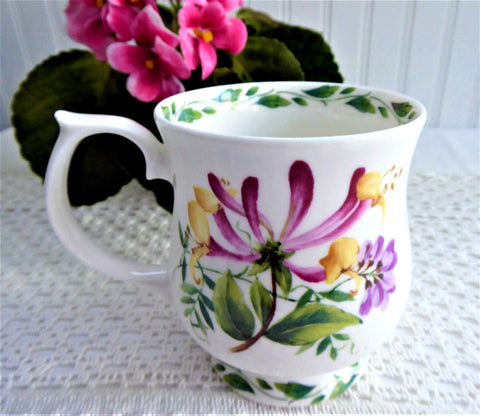 Honeysuckle Mug English Bone China 1990s RHS Queens Purple Pink Yellow Flowers