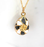 Gold Flower Easter Egg Pendant Necklace Rhinestones Black White Pinwheel GF 90s