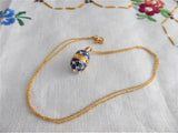 Cobalt Blue Enamel Easter Egg Pendant Necklace Rhinestones GF Chain Russia