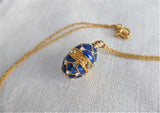 Cobalt Blue Enamel Easter Egg Pendant Necklace Rhinestones GF Chain Russia