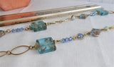 Blue Art Glass Necklace Turquoise Squares Gold Wrapped Rondelles Gold Links 28 In