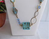 Blue Art Glass Necklace Turquoise Squares Gold Wrapped Rondelles Gold Links 28 In