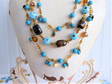 Beaded Necklace 3 Strand Turquoise Glass Tigers Eye Lampwork Eye Beads 1990s