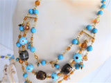 Beaded Necklace 3 Strand Turquoise Glass Tigers Eye Lampwork Eye Beads 1990s