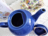 Blue Brown Betty Teapot English Made Pristine 1990s Shiny Pottery 18 Ounces