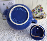 Blue Brown Betty Teapot English Made Pristine 1990s Shiny Pottery 18 Ounces