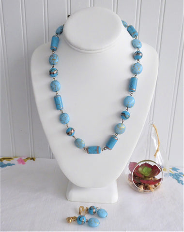 Blue Glass Lampwork Beaded Necklace Earrings Turquoise Gold 1990s Bijoux Terner