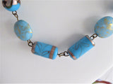 Blue Glass Lampwork Beaded Necklace Earrings Turquoise Gold 1990s Bijoux Terner