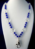 Cobalt Blue And Clear Glass Bead Lanyard Faceted 40 Inches Long Travel Office
