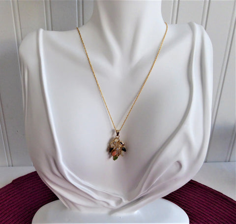 Necklace Semi Precious Leaves Pendant GF Chain Rhinestones Leaves Elegant Rose Quartz Tiger Eye