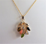 Necklace Semi Precious Leaves Pendant GF Chain Rhinestones Leaves Elegant Rose Quartz Tiger Eye