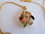 Necklace Semi Precious Leaves Pendant GF Chain Rhinestones Leaves Elegant Rose Quartz Tiger Eye