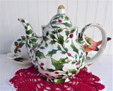 Christmas Teapot Holly Berries Chintz 1990s Porcelain Gold Trim 4 Cups