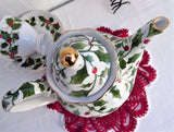 Christmas Teapot Holly Berries Chintz 1990s Porcelain Gold Trim 4 Cups