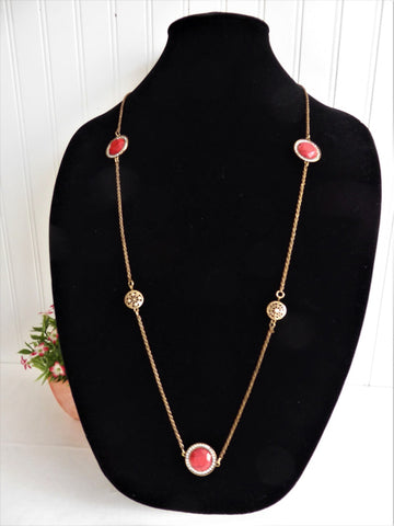 Long Chain Necklace Reversible Rhinestones Red Filigree Adjustable With Earrings