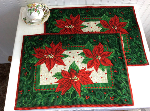 Christmas Fabric 2 Placemats 1980s Christmas Tapestry Poinsettias Dinner Party Holiday Holly