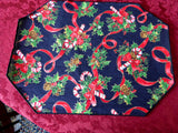 Christmas 2 Placemats 1990s Candy Canes Holly Ribbon Dinner Party Holiday Insulated Back