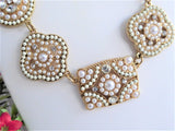 Pearl Rhinestone Plaque Bib Statement Necklace Geometric Gold Plated Adjustable