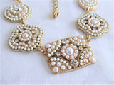 Pearl Rhinestone Plaque Bib Statement Necklace Geometric Gold Plated Adjustable
