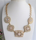 Pearl Rhinestone Plaque Bib Statement Necklace Geometric Gold Plated Adjustable