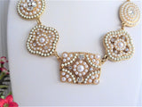 Pearl Rhinestone Plaque Bib Statement Necklace Geometric Gold Plated Adjustable