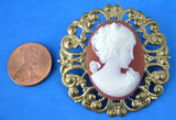 Pin Cameo Coral White Lady Profile Filigree Brass Mount Brooch Cast Stone 1990s