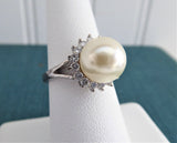 Halo Ring Faux Pearl CZ 1990s Tea Party Large Pearl Silver White Elegant