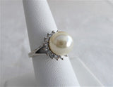 Halo Ring Faux Pearl CZ 1990s Tea Party Large Pearl Silver White Elegant