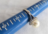Halo Ring Faux Pearl CZ 1990s Tea Party Large Pearl Silver White Elegant
