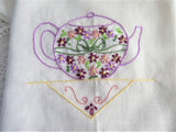 Embroidered Teapot Tea Towel Hand Made Silver Cloth Dish Towel USA  Artisan