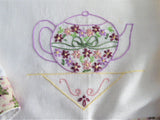 Embroidered Teapot Tea Towel Hand Made Silver Cloth Dish Towel USA  Artisan